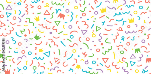 Colorful abstract background with various squiggles and shapes in multiple colors on white