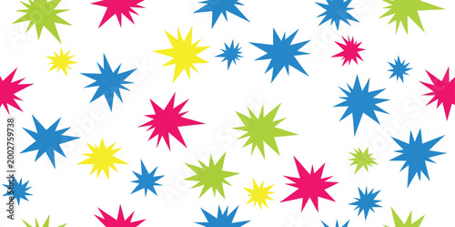 Colorful spiky starburst shapes on white background in red blue green and yellow hues