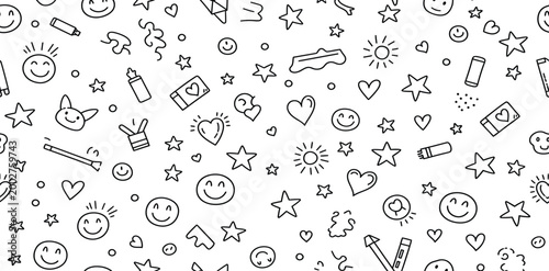 A variety of cute hand drawn doodles on a white background including smiley faces and shapes in black lines