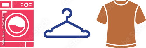 Laundry and apparel icons set including washing machine hanger and tshirt in flat vector style