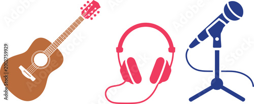 Music and audio equipment icons set with acoustic guitar headphones and microphone in flat style