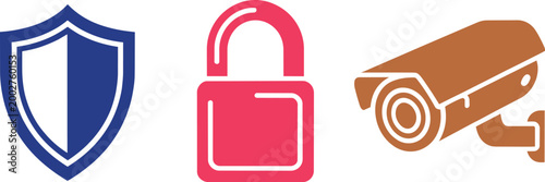 Security icons set featuring shield padlock and surveillance camera for protection design projects