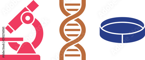Science laboratory items icons set with microscope dna helix and petri dish in flat vector graphic