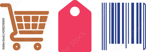 Shopping cart price tag and barcode icons set for retail and ecommerce vector illustration web