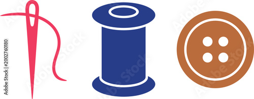 Sewing tools with needle thread and button icons set vector flat design on white background