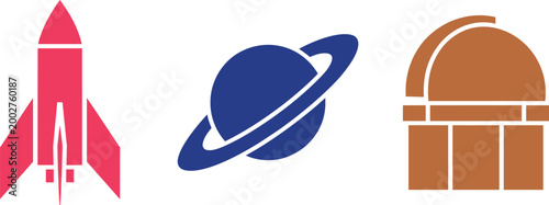 Space exploration and astronomy icons set featuring rocket ringed planet and observatory vector