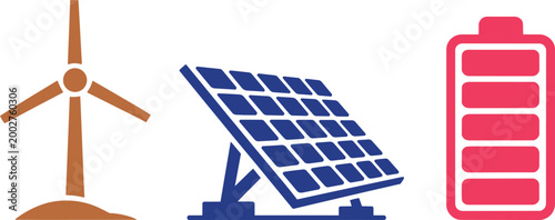 Wind turbine solar panel and battery vector illustration representing clean energy sources