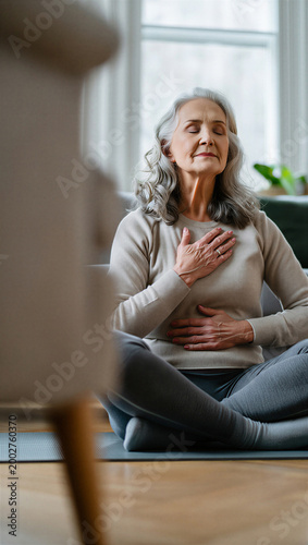Mature woman actively regulating her nervous system through a somatic heart-and-belly breathing practice for emotional grounding.