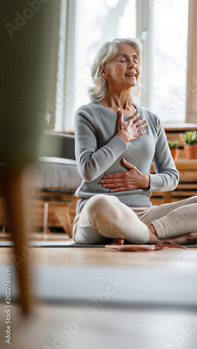 Mature woman performing tactile two-part diaphragmatic breathwork for somatic grounding and nervous system regulation.