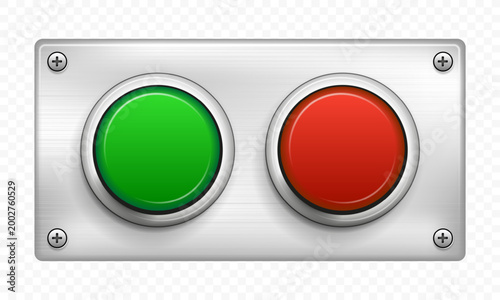 Red and green shiny button on metal plate
