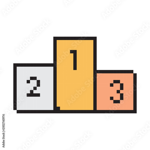 Vector pixel art illustration of a sports award pedestal. Retro 8-bit style podium with gold, silver, and bronze steps for football tournament winners and game achievements.