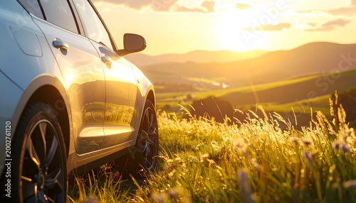 Luxury SUV parked in a golden field at sunset, scenic landscape view.