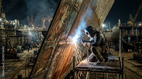 Worker Welding Large Metal Ship Hull at Night in Shipyard