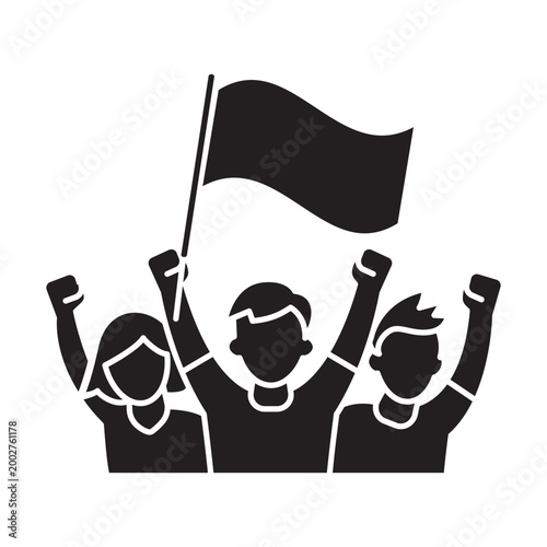 Black solid icon of a diverse group of soccer fans celebrating with a waving flag. Silhouette illustration of sports supporters cheering at the stadium, isolated vector graphic.