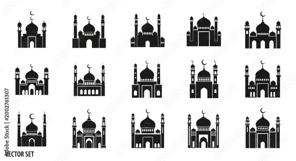 Fototapeta premium Collection of Islamic Mosque Icons in Silhouette Style.