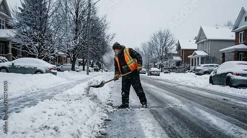 Worker Clearing Snow From Urban Residential Street in Winter During Cold Weather