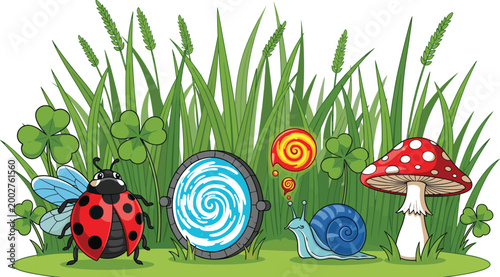 Whimsical Garden Icon Set Featuring Ladybugs, Snails, Mushrooms, and Magical Elements for Fantasy, Nature, and Fairytale Designs