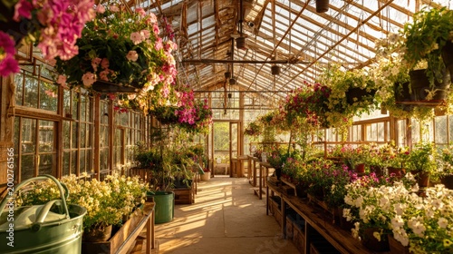 Warm greenhouse walkway surrounded by hanging flower baskets and blooming plants.