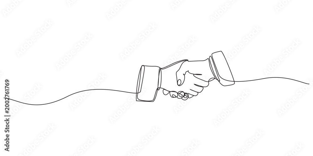 Obraz premium One line drawing of a handshake, continuous line art of two hands shaking, agreement, partnership, or deal,Continuous line drawing of a business handshake between two people,Editable stroke. Vector