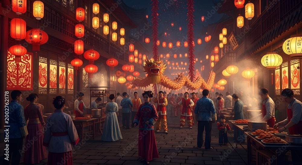Fototapeta premium Vibrant Chinese New Year Street Festival with Dragon Dance and Lanterns.