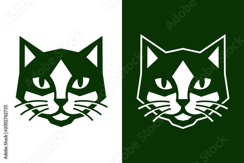 Modern Geometric Dark Green Cat Head Vector Logo - Minimalist Feline Mascot for Veterinary and Pet Brands