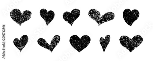 Crayon doodle hearts set. Chalk hand drawn heart icon collection. Pencil love sign. Kid school crayon texture drawing. Scribble cute love shape. Vector illustration isolated on white background.