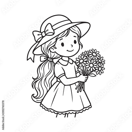 Black and white line drawing of child in hat holding bouquet of flowers symbolizing innocence charm childhood and decorative illustration