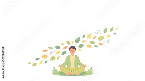 A person meditating peacefully outdoors surrounded by a gentle breeze carrying colorful autumn leaves.