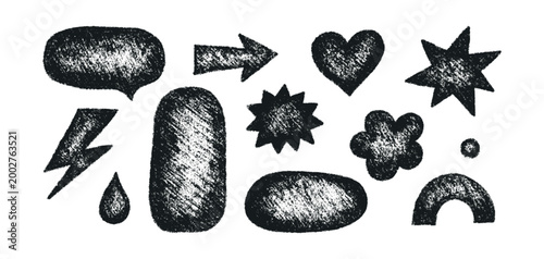 Crayon doodle sticker shape set. Hand drawn oval, heart, star icons. Charcoal texture. Graphic element for fun collage. Kid sketch drawing. Vector pencil illustration isolated on white background.