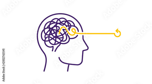Illustration of a tangled thought process being untangled and clarified within a human head.