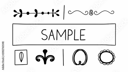 Collection of hand-drawn decorative elements and sample text box with graphic resource design element decorative elements collection illustration ornament monochrome botanical flourish