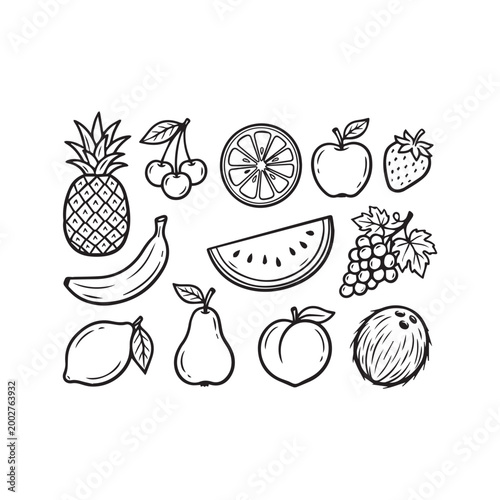 Collection of black and white fruit line drawings including pineapple cherries orange apple strawberry banana watermelon grapes lemon pear peach coconut