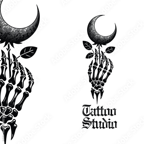Tattoo Studio Logo with Skeleton Hand and Crescent Moon Gothic Style