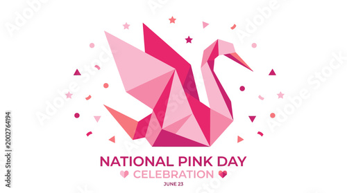 A vibrant pink origami crane is depicted with confetti and stars, celebrating National Pink Day on June 23rd.