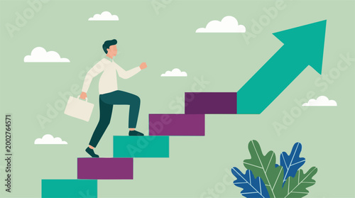 Tableau sur toile Businessman climbing staircase to success and career advancement