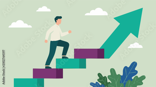 Businessman climbing stairs towards success and career growth
