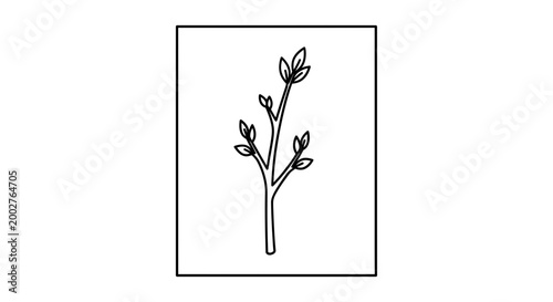 Simple Line Art of a Young Tree Branch with Leaves