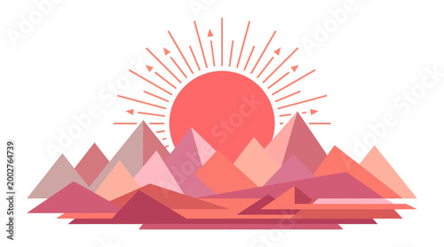 A vibrant geometric illustration of a sunrise over a stylized mountain range with warm coral and pink tones.