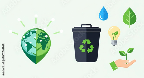 Earth recycling bin light bulb and plant illustration.