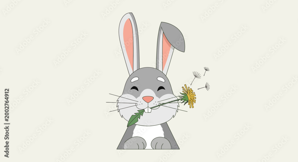 Fototapeta premium Cute cartoon grey rabbit blowing dandelion seeds on a light background vector illustration