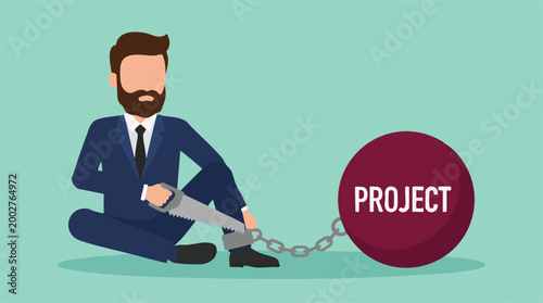 Businessman sawing chain attached to 'PROJECT' ball, overcoming burden