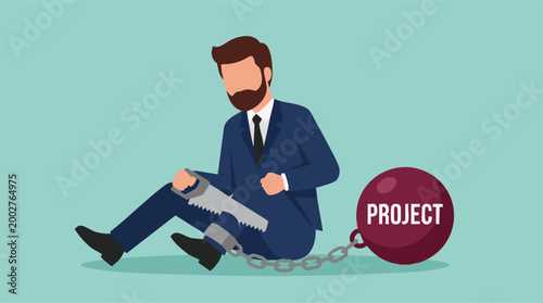 Businessman struggling to escape from the burden of a project