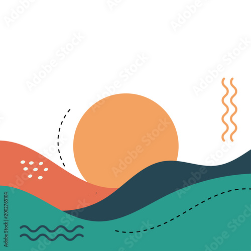 Paysage abstrait avec soleil et vagues organiques. Fond vectoriel moderne aux couleurs chaudes, idéal pour visuels d’été, réseaux sociaux et branding