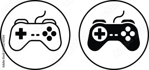 Game controller comparison icon set, two distinct gaming controllers in circular layout for technology evolution gaming hardware and UI design.