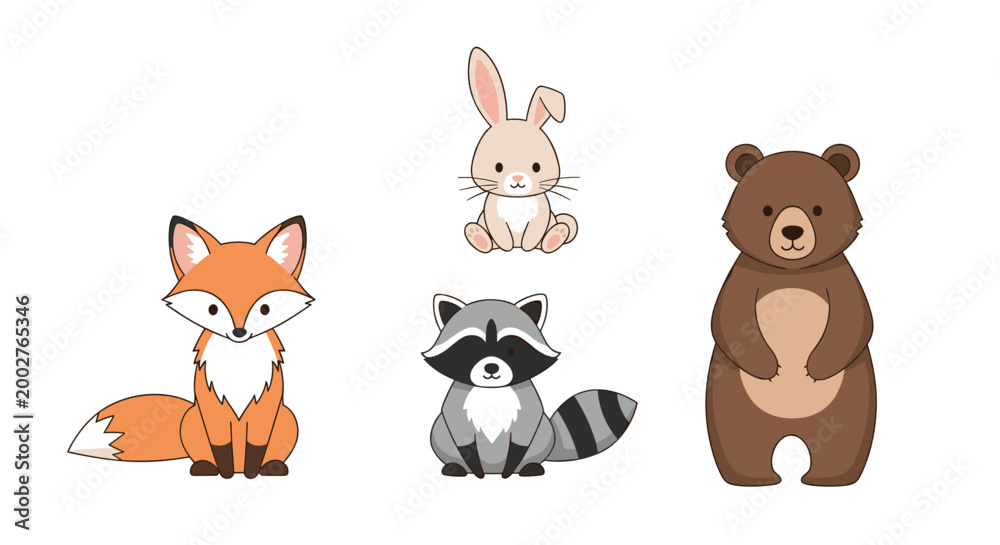 Naklejka premium Collection of adorable forest animal illustrations including fox, rabbit, raccoon, and bear sitting against white background.