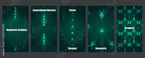 Modern teal geometric background set featuring seamless patterns, glowing diamond forms, layered arrow shapes and lattice grid designs