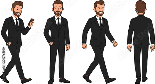 Successful businessman in black suit character set walking and standing flat vector illustration