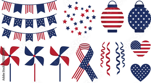 Patriotic american decorations and symbols for independence day celebrations with red white and blue colors