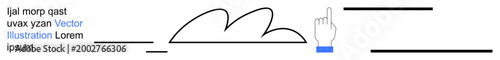 Cloud computing, online interaction, technology usability, minimalism, interface design, connectivity. Abstract composition with a cloud shape, pointing hand and lines. Cloud computing and online