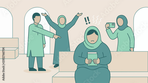 Illustration depicting social shaming, public judgment, and negative community reaction